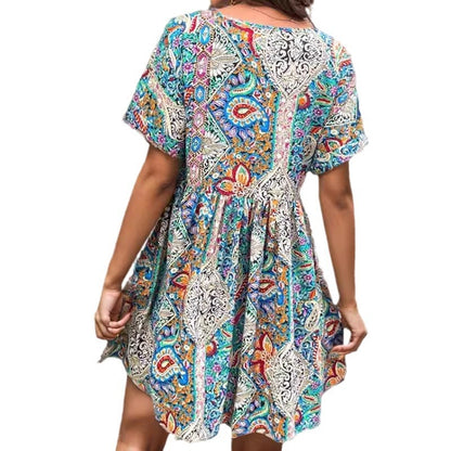 V-neck Loose Printed Pleated Dress