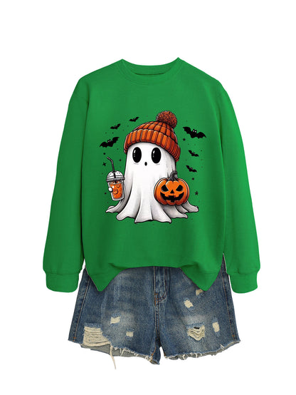 Fashionable long sleeve crew neck sweatshirt in milk tea color with pumpkin and bat print, perfect for fall and Halloween.