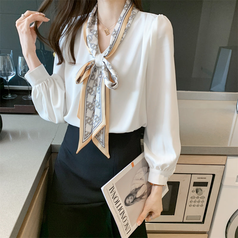 Professional Shirt Women''s Autumn Dress Long Sleeve Bow Ribbon Bubble Sleeve touchydesign