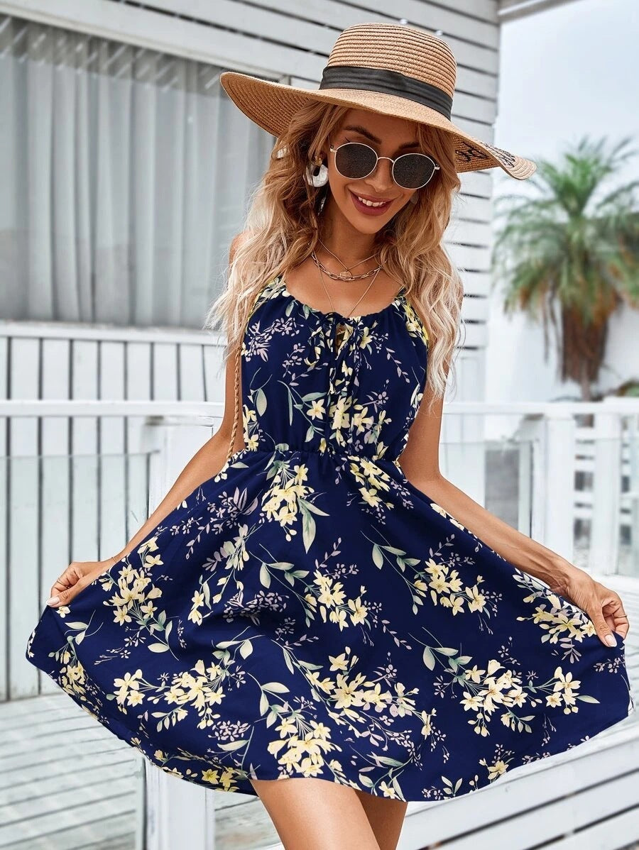 Floral Print Suspender Dress With Elastic Waist Design Fashion Summer Short Dresses Womens Clothing touchydesign