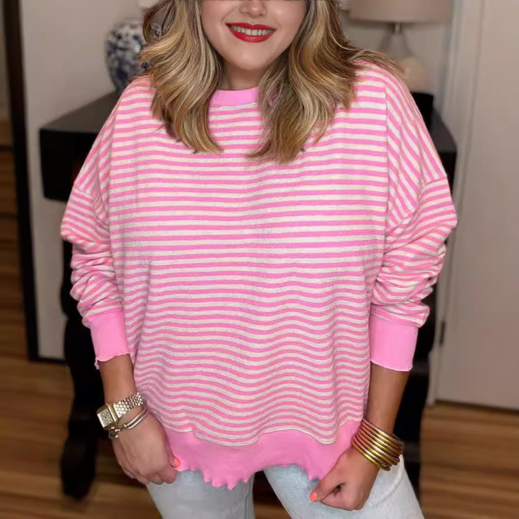 "Women's Loose Striped Sweatshirt with Long Sleeves - Comfortable and stylish casual wear for everyday outfits. Perfect for a relaxed, trendy look."