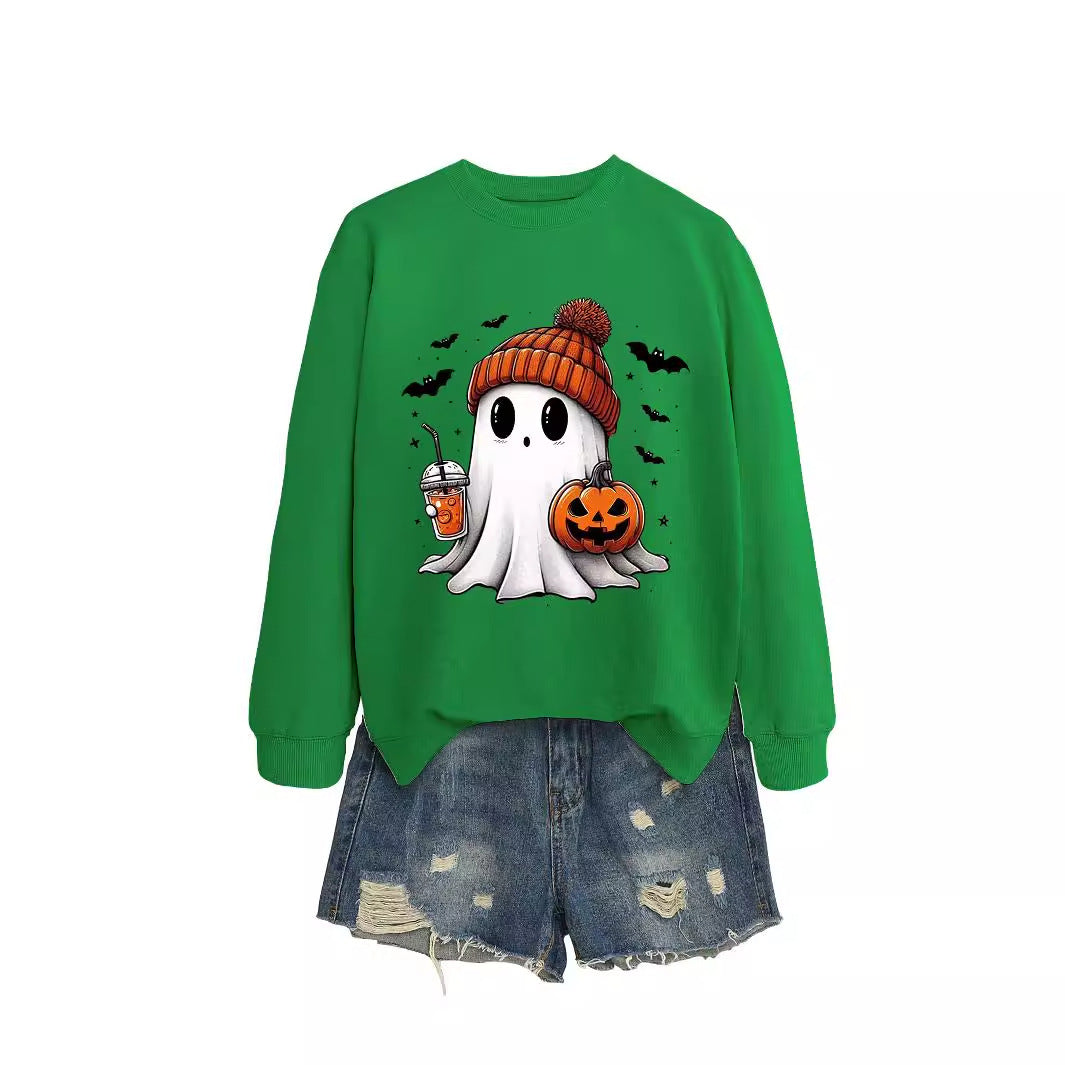 Fashionable long sleeve crew neck sweatshirt in milk tea color with pumpkin and bat print, perfect for fall and Halloween.