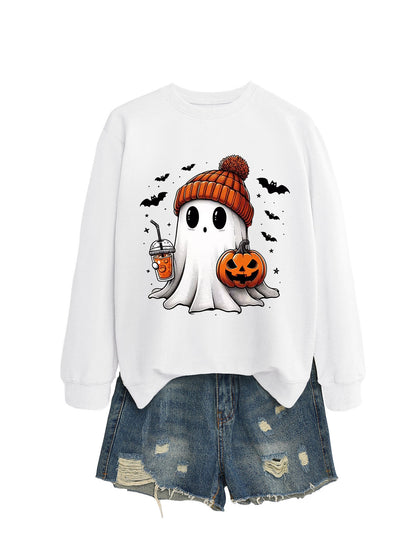 Fashionable long sleeve crew neck sweatshirt in milk tea color with pumpkin and bat print, perfect for fall and Halloween.