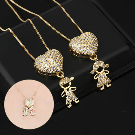 Fashion Jewelry Son Daughter Heart Gold Color Cubic Zirconia Family Girl Boy Pendant Necklace Chain Jewelry For Mother Gift touchydesign