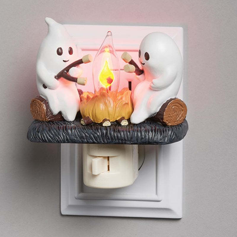 2024 Halloween Ghost Campfire Flickering Nightlight - Two Ghosts Roasting Marshmallows - Spooky Plug-in Wall Night Light for Halloween Decor"