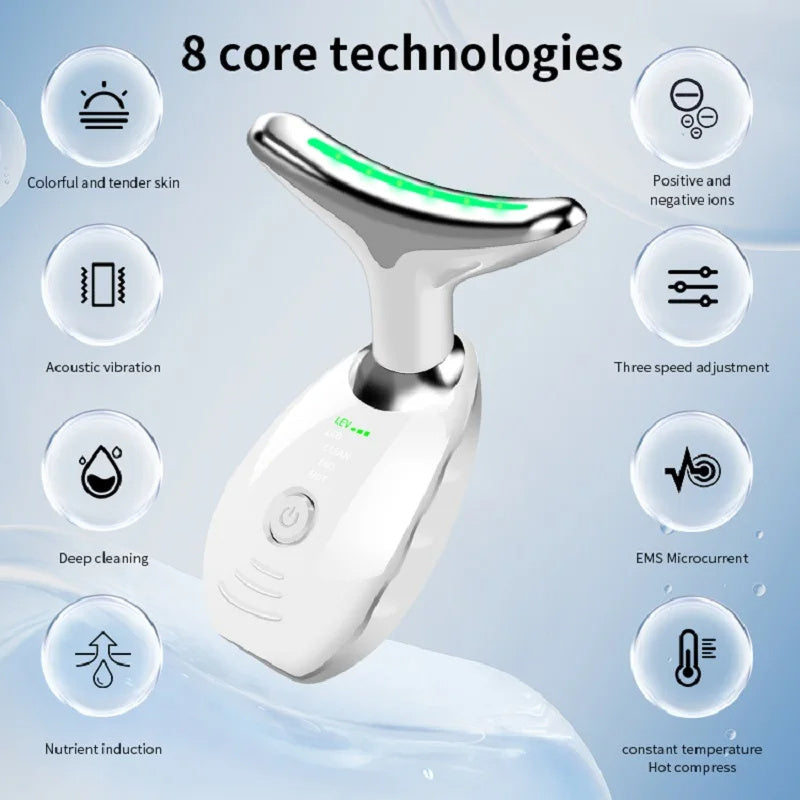 Colorful LED photon therapy beauty device for neck and face - tightens skin, reduces double chin, and smooths wrinkles. Anti-aging lifting massager for youthful appearance.