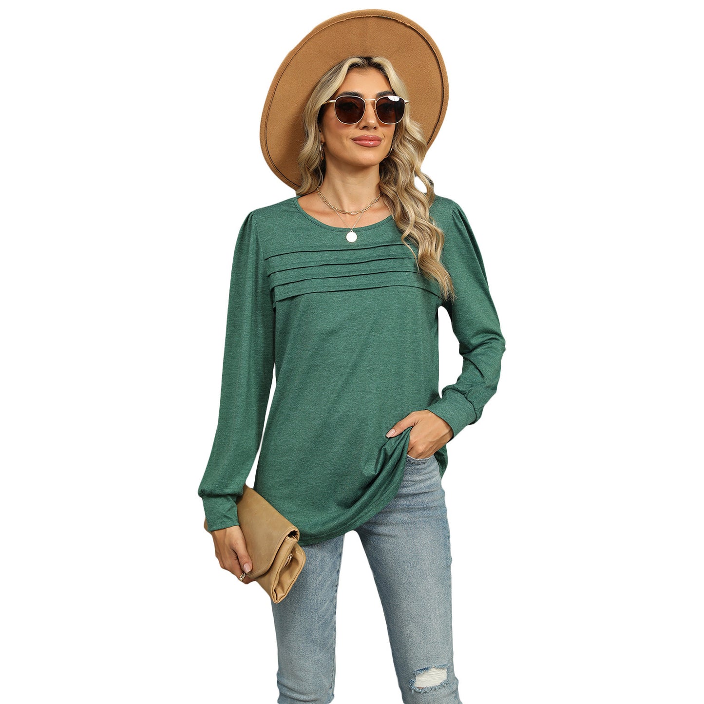 Women's solid color U-neck long-sleeve T-shirt with pleated design. Casual and stylish top for everyday wear.