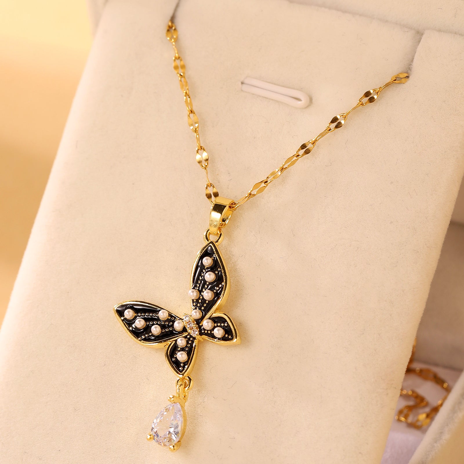 Temperament Pearl Dropping Oil Butterfly Necklace With Advanced Design Sense Tassel Pendant Versatile Jewelry touchydesign