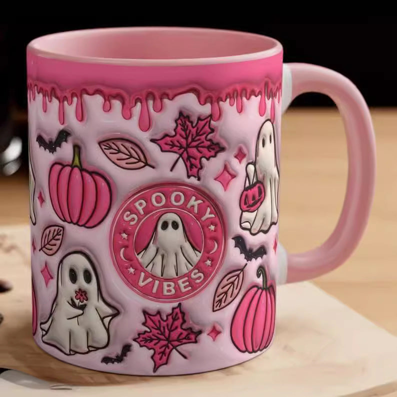 "Halloween Pumpkin Ceramic Coffee Mug with spooky fall design, festive Halloween-themed coffee mug, durable ceramic, perfect for coffee lovers."