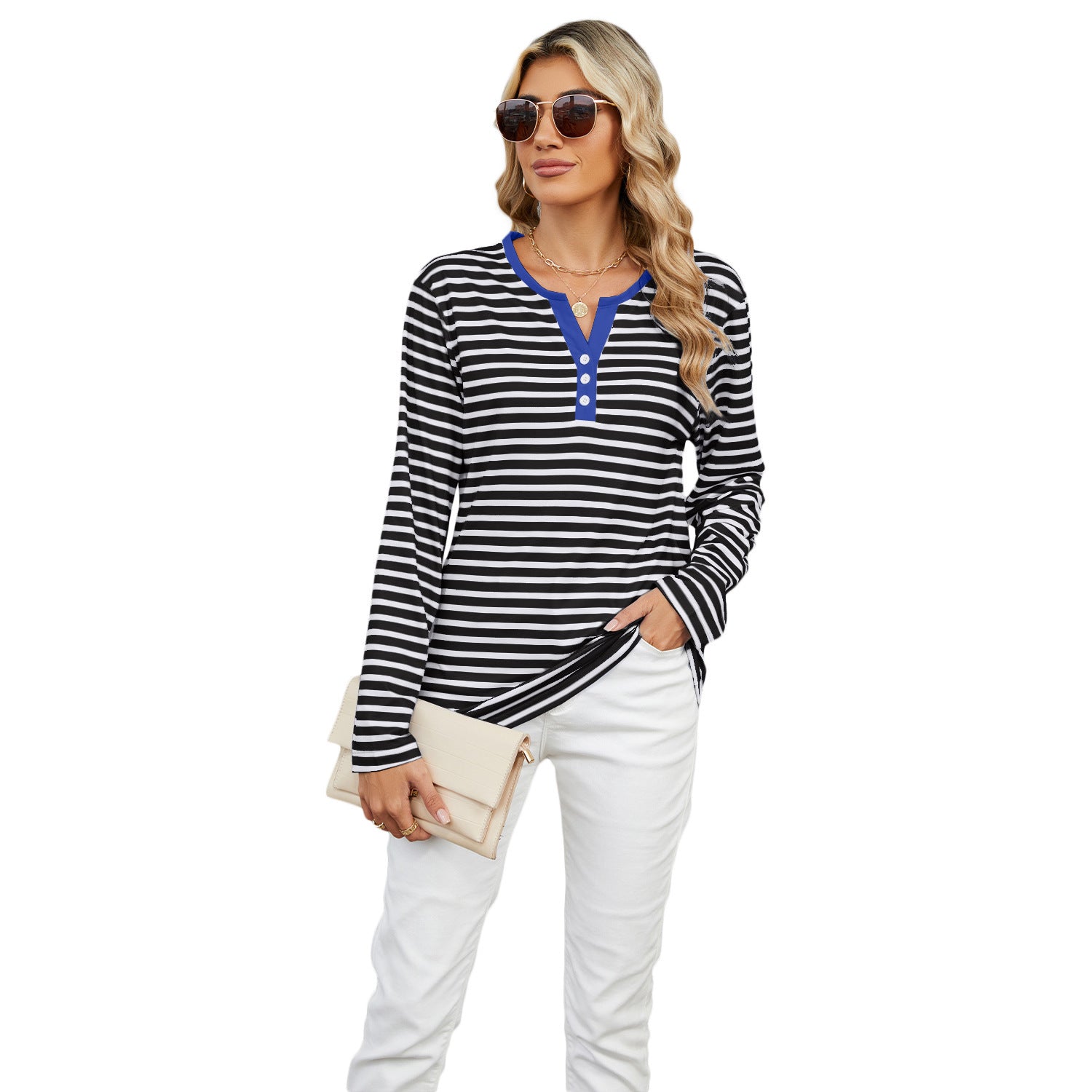 Women's V-neck striped long-sleeve T-shirt with a loose fit. Casual and comfortable top for everyday wear."