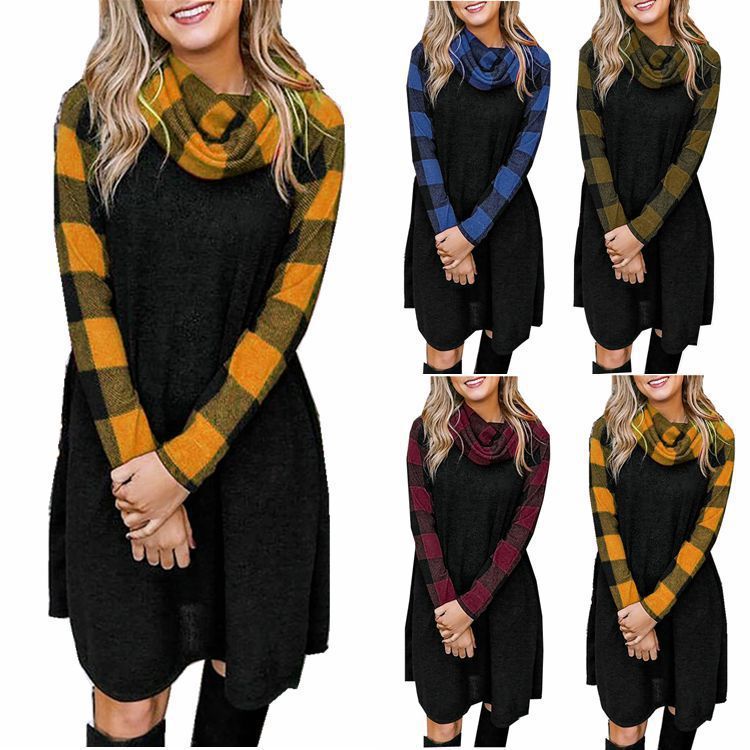 "Women's Check Print Panel Long Sleeve Dress in trendy plaid pattern, perfect for casual and chic fall fashion, available in various sizes."