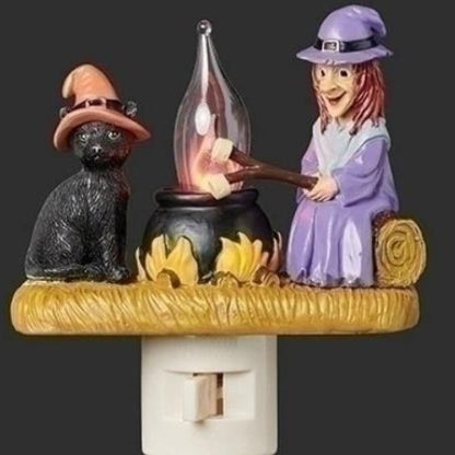 2024 Halloween Cat and Witch Bonfire Night Light - Spooky Halloween Decor Featuring a Cat and Witch by a Bonfire"