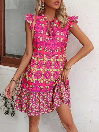 Printed Sleeveless Dress Summer Fashion V-Neck Lace-up Straight Dresses For Womens Clothing touchydesign