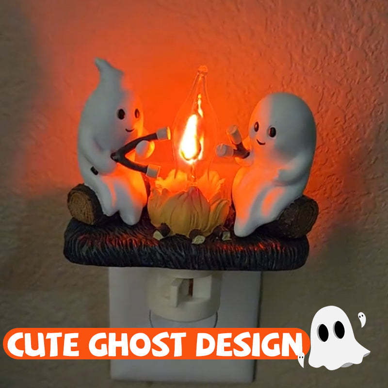 2024 Halloween Ghost Campfire Flickering Nightlight - Two Ghosts Roasting Marshmallows - Spooky Plug-in Wall Night Light for Halloween Decor"