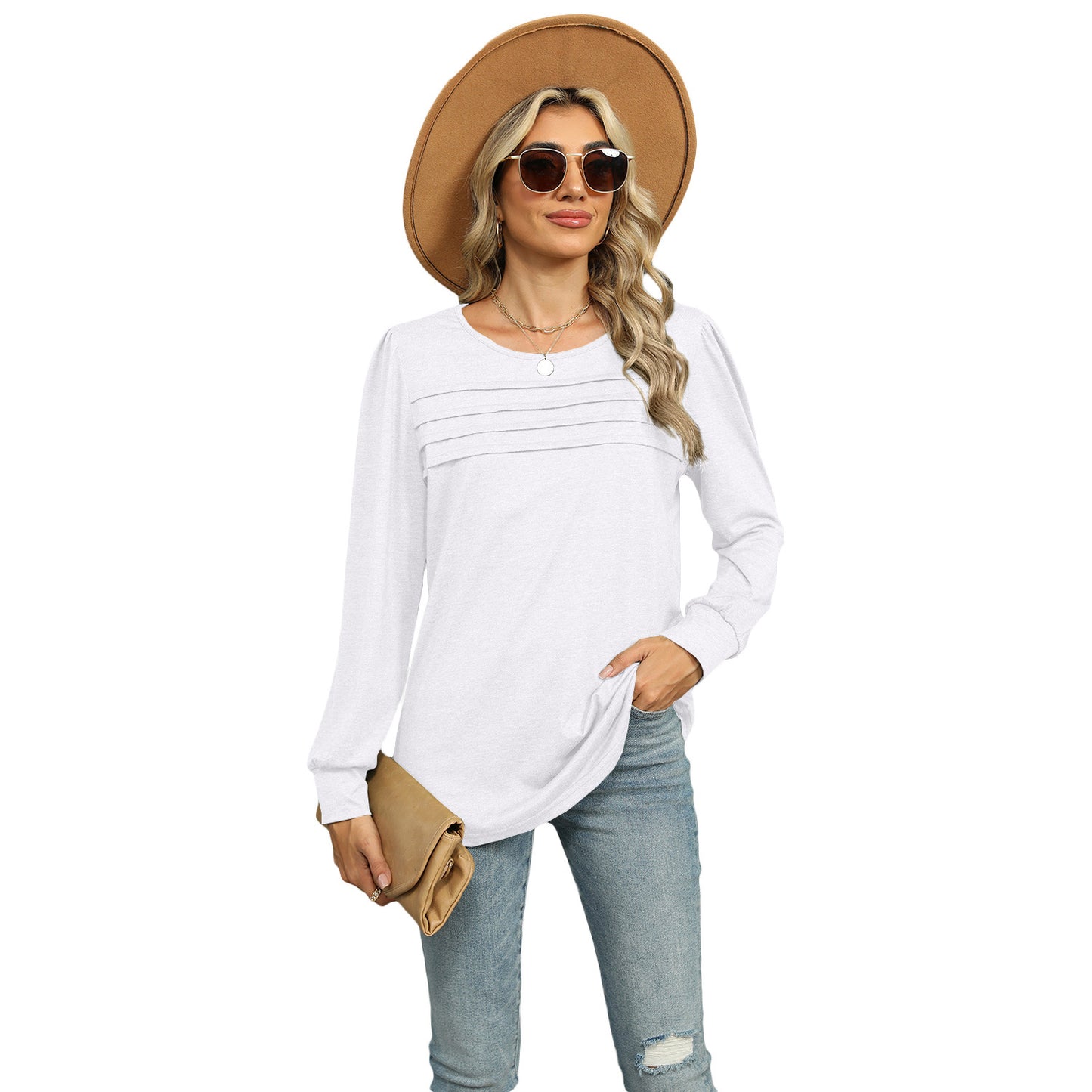 Women's solid color U-neck long-sleeve T-shirt with pleated design. Casual and stylish top for everyday wear.