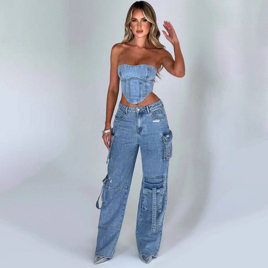 Women's Pocket Detail Jeans Low Waist Tube Top Outfit