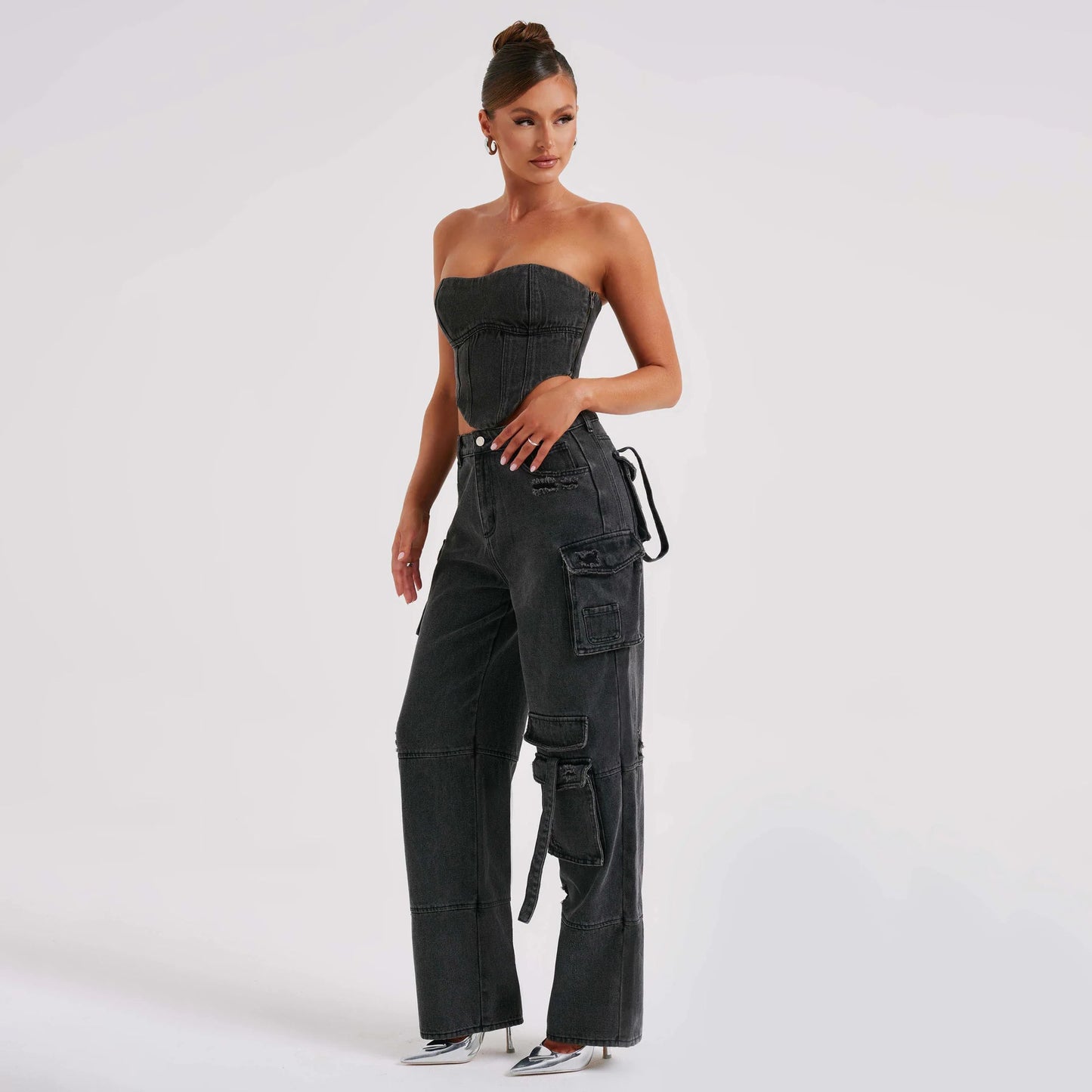 Women's Pocket Detail Jeans Low Waist Tube Top Outfit