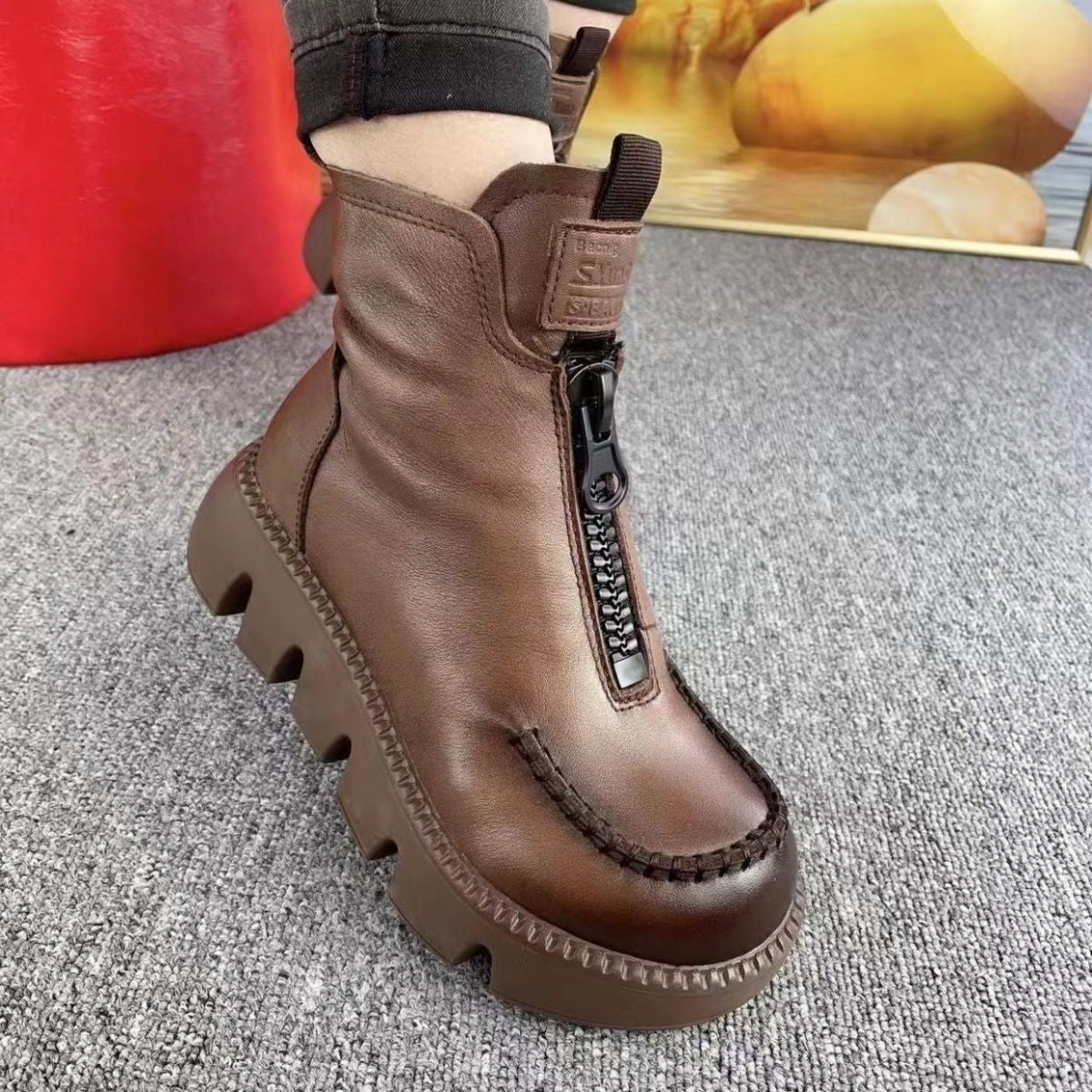 Cotton Leather Platform Motorcycle Boots - Soft Retro Muffin Heel"