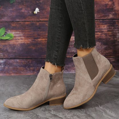 Pointed suede single shoes for women with an elastic band and thick heel, offering a stylish and comfortable design for casual wear.