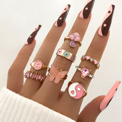 8pcs pink gold stackable bohemian midi ring set with cute mushroom design, perfect gift for her