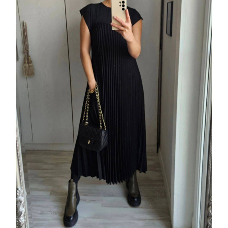 Short Sleeve Pleated Long Dress Summer Round Neck Dress Women's Clothing touchydesign