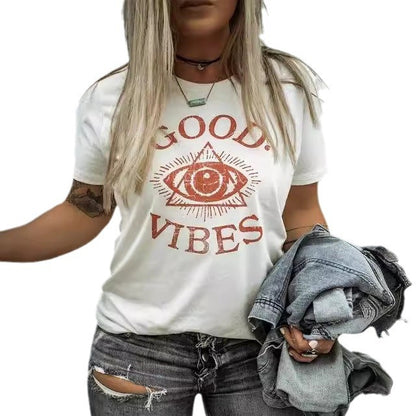 Women's Clothes Top Eye Graphic Print Crew Neck Short Sleeve T-shirt