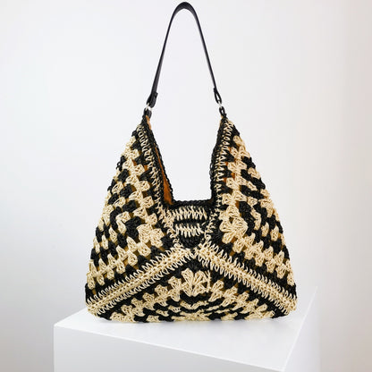 Women's Fashion Handmade Straw Woven Hollow Contrast Color Weave Shoulder Bag touchydesign