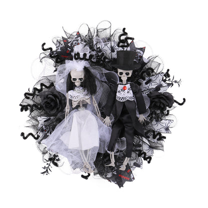 Halloween Skull Bride and Groom Mesh Garland featuring horror-themed decorations. Perfect for adding a chilling touch to your Halloween decor.