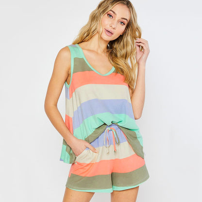 Womens Rainbow Stripes Short Sleeve Pajama Set Night Lounge Top Short touchydesign