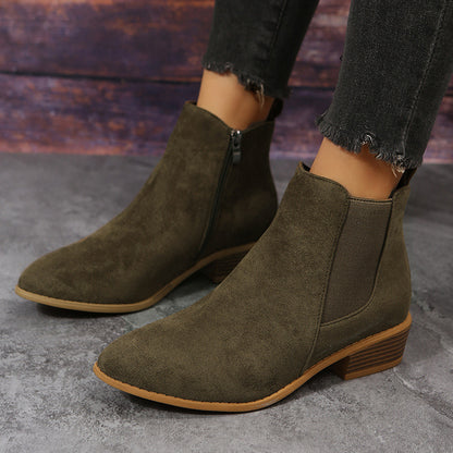 Pointed suede single shoes for women with an elastic band and thick heel, offering a stylish and comfortable design for casual wear.