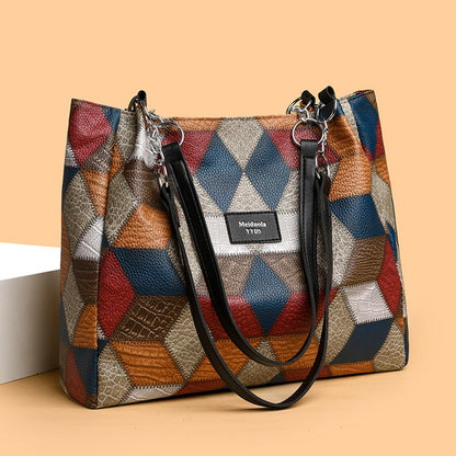 Retro geometric pattern color-matching shoulder bag with large capacity, stylish stitching design for women. Fashionable tote handbag in vibrant colors, perfect for everyday use.