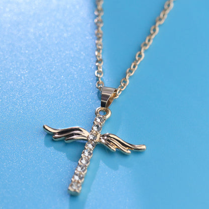 Simple Cross Diamond Angel Wings Pendant touchydesign