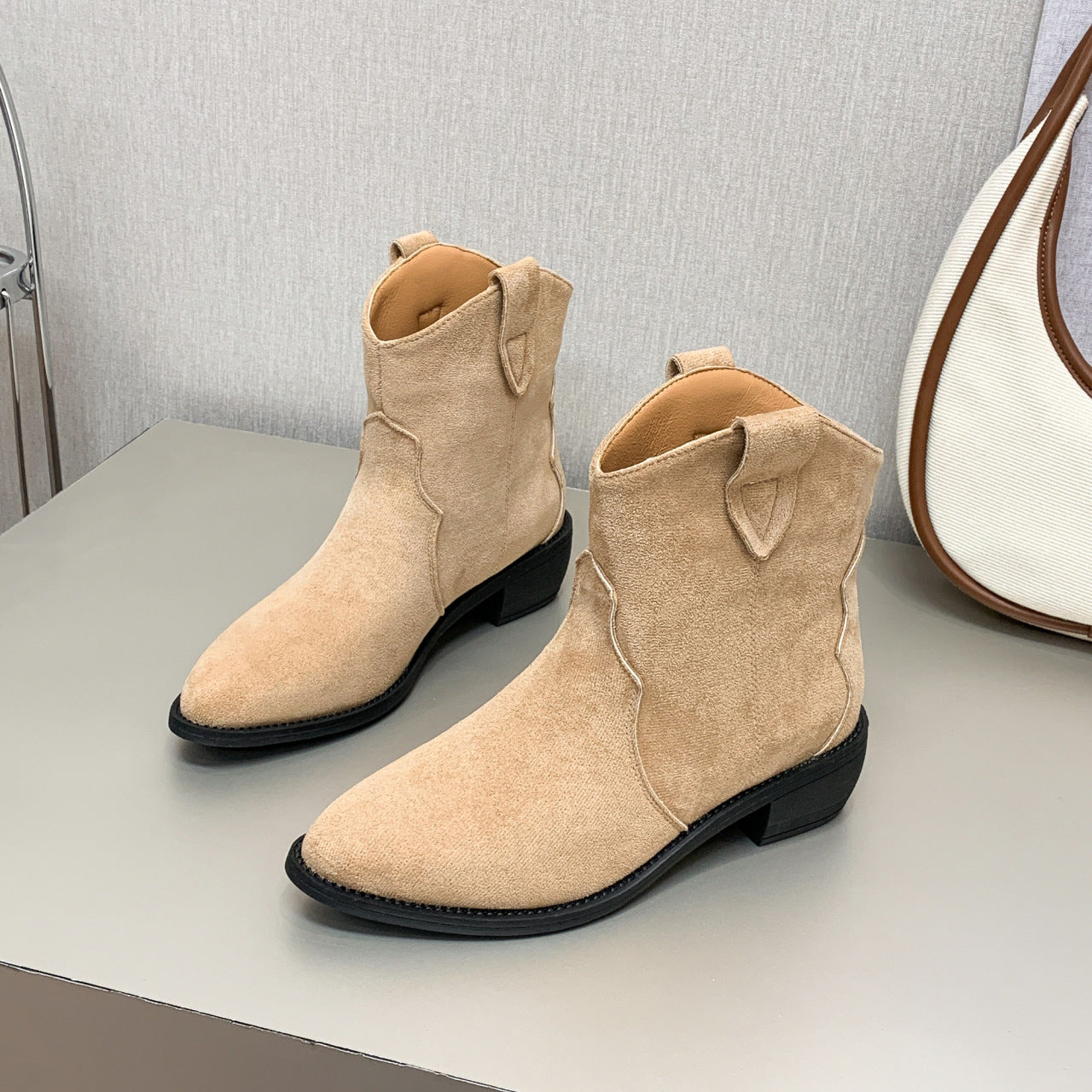 Pointed-Toe Cowboy Boots - Short Plush Autumn Ankle Boots"