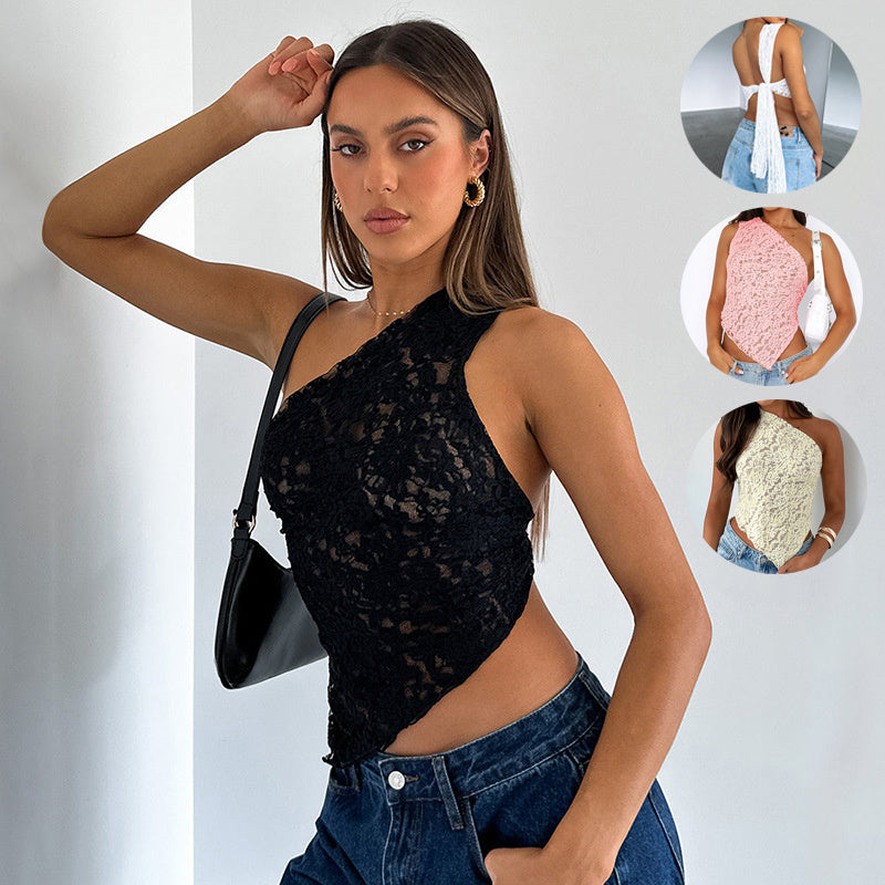 Ins Lace Backless Top Summer Solid Color Waistless Asymmetrical Sloped Neck Vest Streetwear Womens Clothes touchydesign