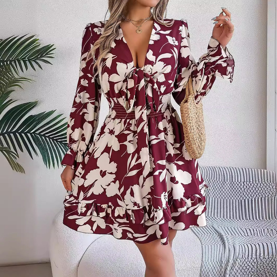 Floral Printed V-Neck Long Sleeve Dress | Ruffles & Bowknot A-Line Short Dress dress drl