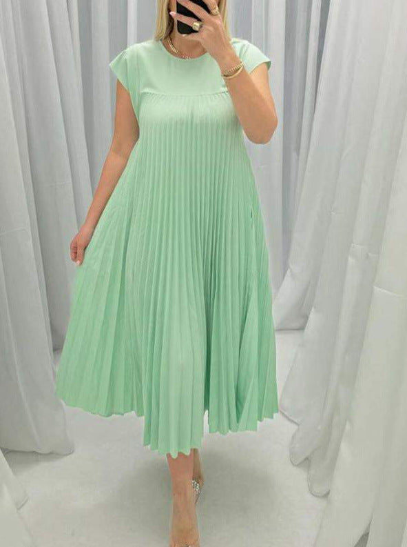 Short Sleeve Pleated Long Dress Summer Round Neck Dress Women's Clothing touchydesign