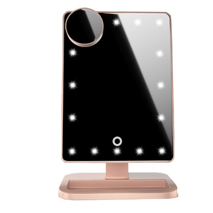 Touch screen makeup mirror with 20 LED lights, 10X magnifying mirror, and built-in Bluetooth music speaker. Illuminated vanity mirror for flawless makeup application.