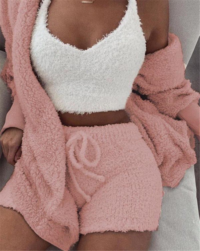 Women’s 3-Piece Pajama Set with Long Sleeve Crop Top and Drawstring Shorts