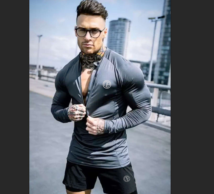 Men's black long sleeve zipper neck fitness shirt for gym workouts