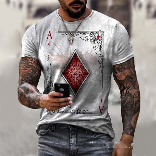 "Men's T-shirt with a playing card graphic print, featuring a stylish and trendy design, perfect for casual wear."