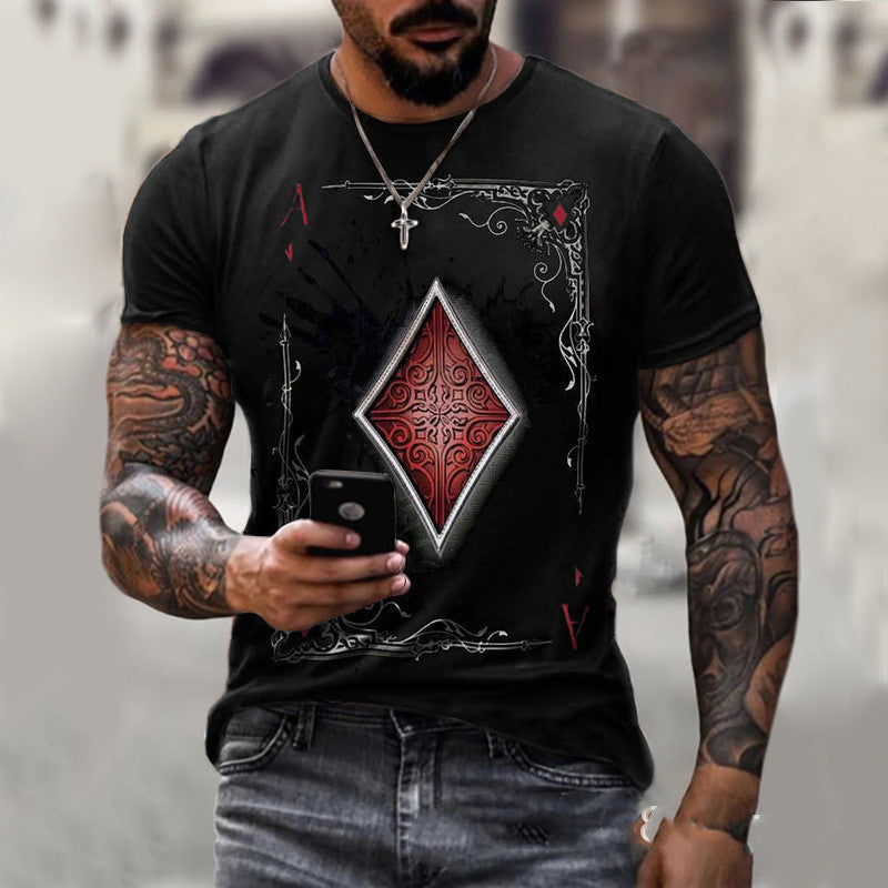 "Men's T-shirt with a playing card graphic print, featuring a stylish and trendy design, perfect for casual wear."