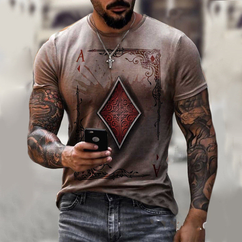 "Men's T-shirt with a playing card graphic print, featuring a stylish and trendy design, perfect for casual wear."