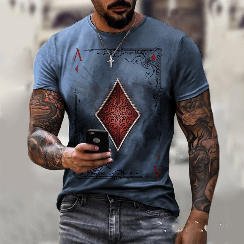 "Men's T-shirt with a playing card graphic print, featuring a stylish and trendy design, perfect for casual wear."