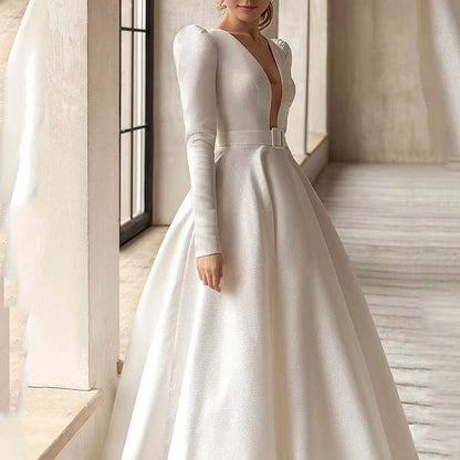 Ladies Style White Dress Satin Surface Was Thin And High French Temperament Dress Long Skirt touchydesign