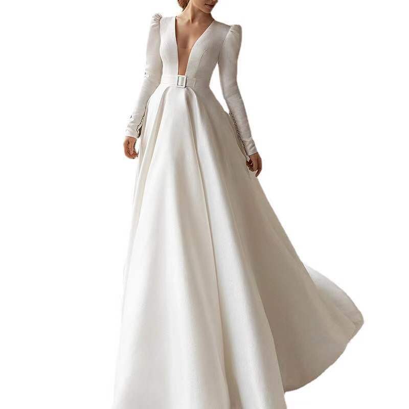 Ladies Style White Dress Satin Surface Was Thin And High French Temperament Dress Long Skirt touchydesign