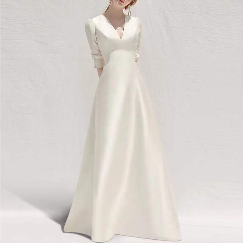 Ladies Style White Dress Satin Surface Was Thin And High French Temperament Dress Long Skirt touchydesign