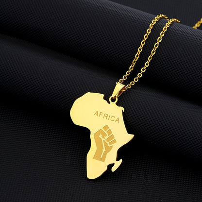 Titanium Steel Africa Map Pendant Necklace - Glossy Gold Fist Shape for Men & Women