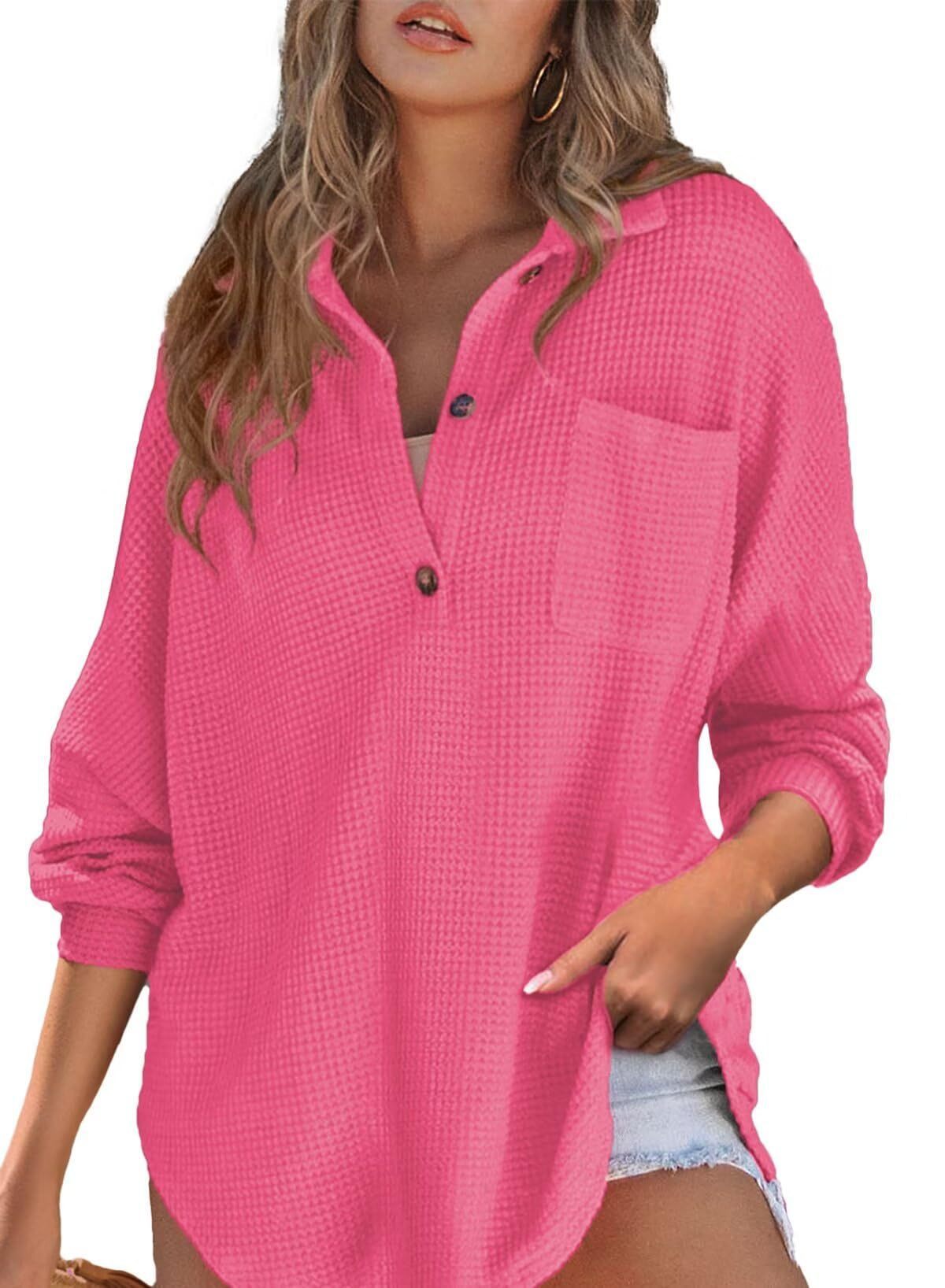 Women's waffle knit long sleeve top - loose fit for a chill, casual style. Cozy and comfortable oversized shirt perfect for relaxed wear