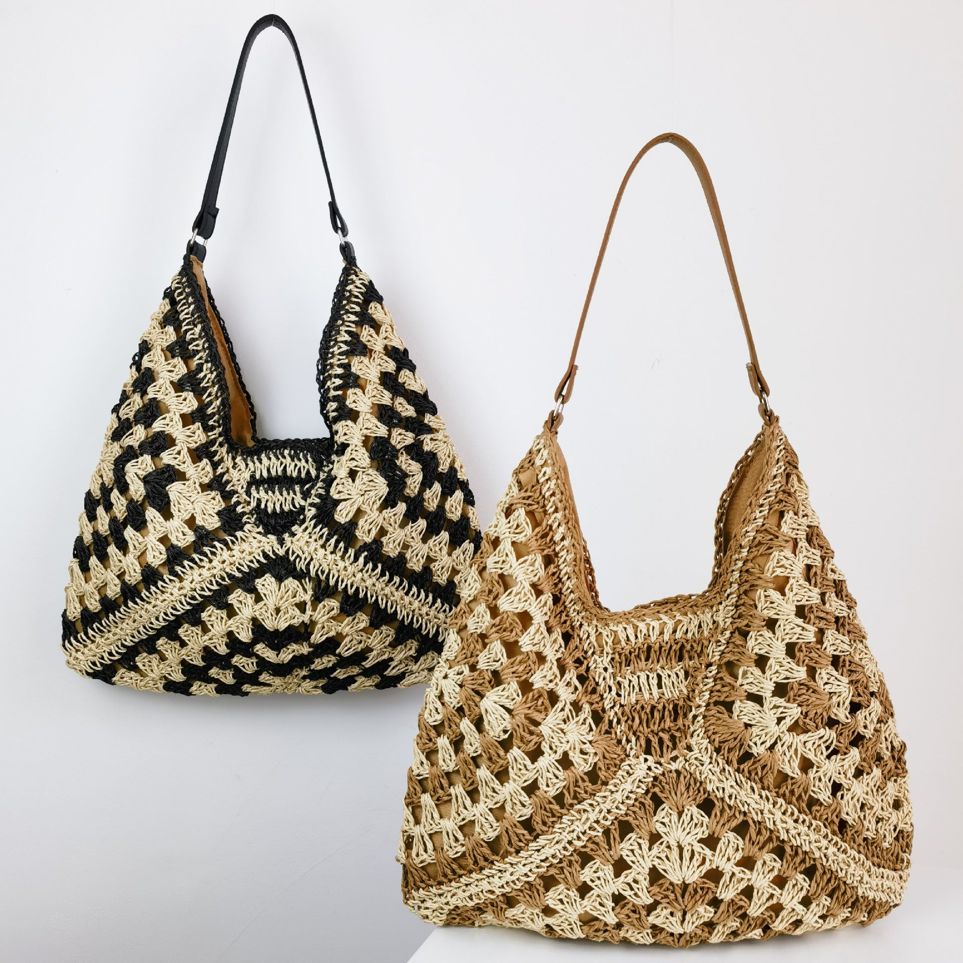 Women's Fashion Handmade Straw Woven Hollow Contrast Color Weave Shoulder Bag touchydesign