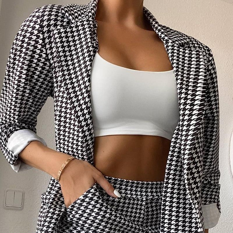 European And American Women's Clothing Houndstooth Blazer touchydesign